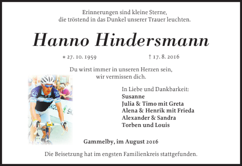  Traueranzeige für Hanno Hindersmann vom 26.08.2016 aus Eckernförder Zeitung