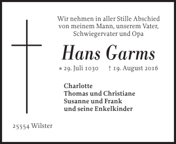 Traueranzeige von Hans Garms von Norddeutsche Rundschau