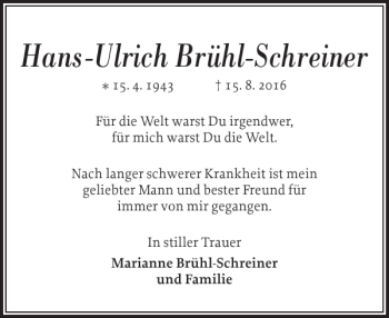 Traueranzeige von Hans-Ulrich Brühl-Schreiner von Norddeutsche Rundschau