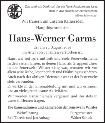 Traueranzeige von Hans-Werner Garms von Norddeutsche Rundschau