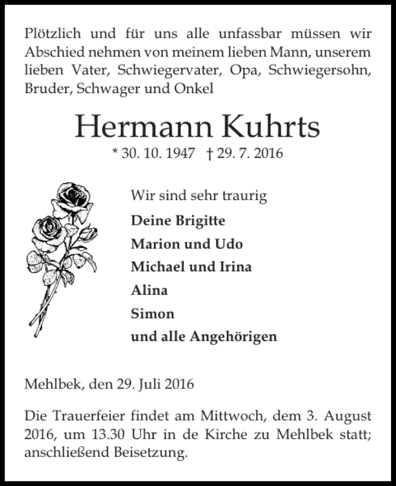  Traueranzeige für Hermann Kuhrts vom 01.08.2016 aus Norddeutsche Rundschau