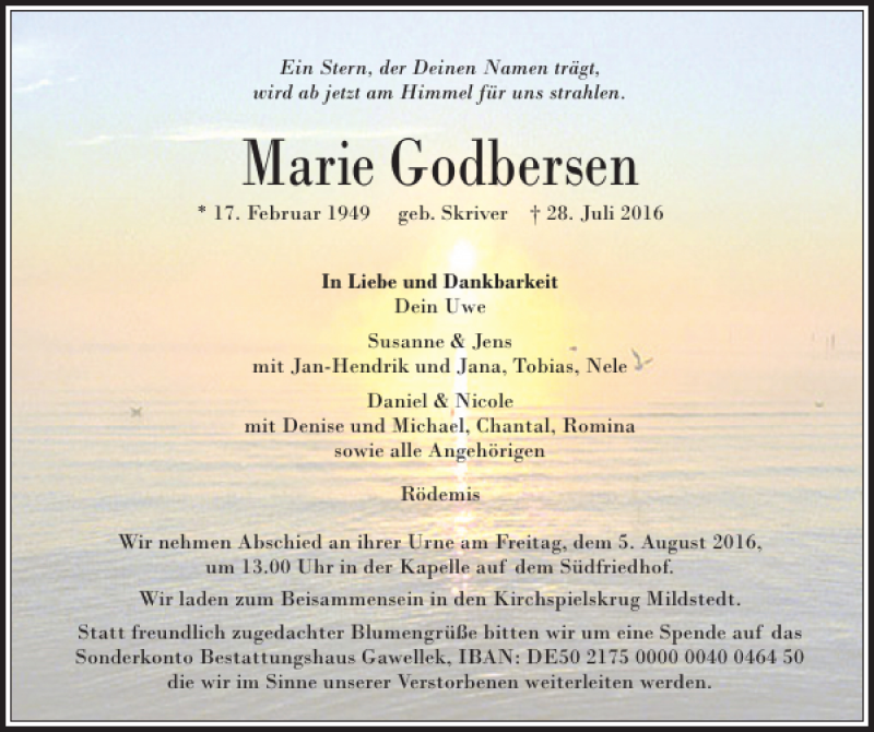  Traueranzeige für Marie Godbersen vom 02.08.2016 aus Husumer Nachrichten