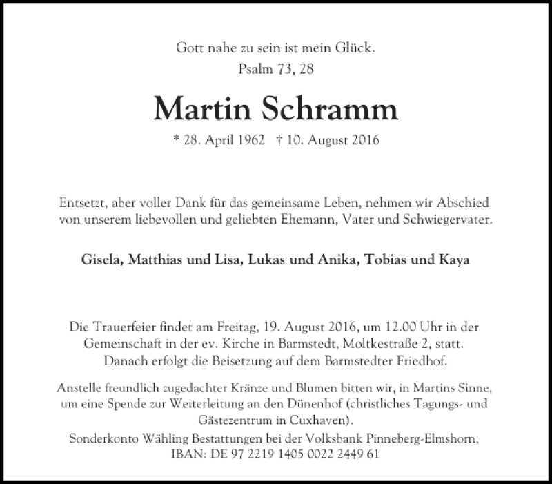  Traueranzeige für Martin Schramm vom 16.08.2016 aus Elmshorner Nachrichten