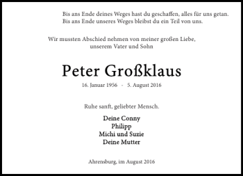 Traueranzeige von Peter Großklaus von Stormarner Tageblatt