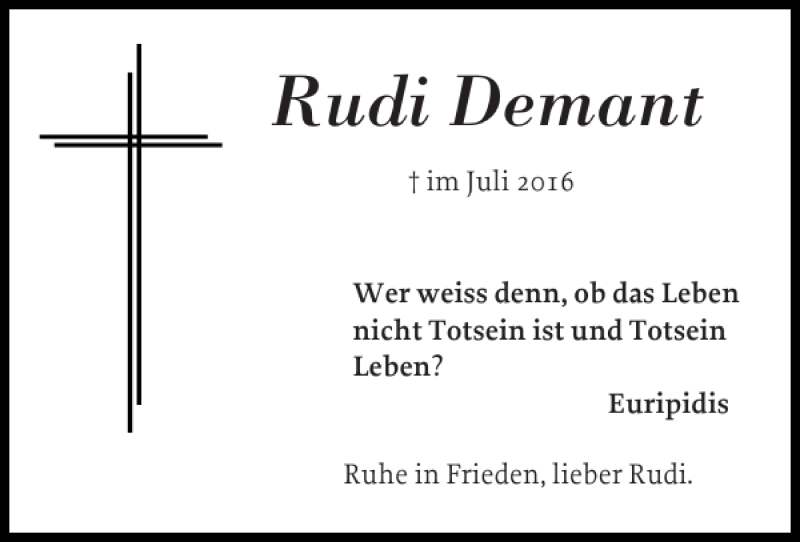  Traueranzeige für Rudi Demant vom 13.08.2016 aus Pinneberger Tageblatt