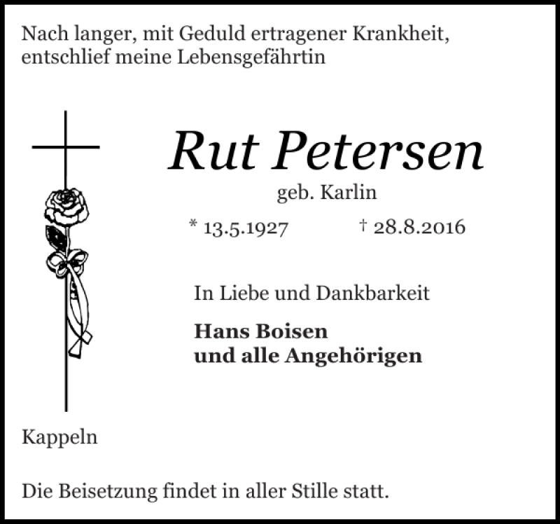  Traueranzeige für Rut Petersen vom 31.08.2016 aus Schlei-Bote