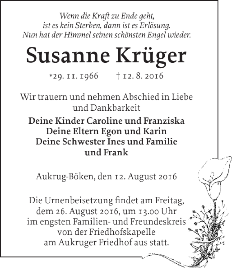  Traueranzeige für Susanne Krüger vom 23.08.2016 aus Landeszeitung