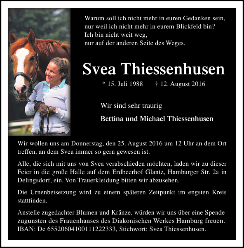  Traueranzeige für Svea Thiessenhusen vom 20.08.2016 aus Stormarner Tageblatt