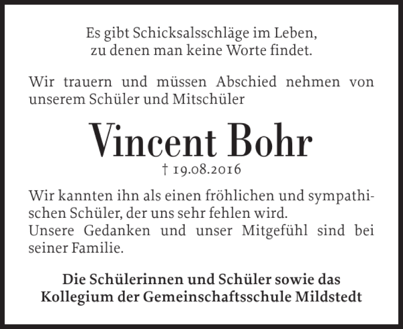  Traueranzeige für Vincent Bohr vom 26.08.2016 aus Husumer Nachrichten