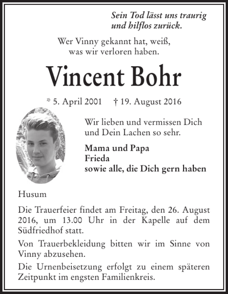  Traueranzeige für Vincent Bohr vom 24.08.2016 aus Husumer Nachrichten