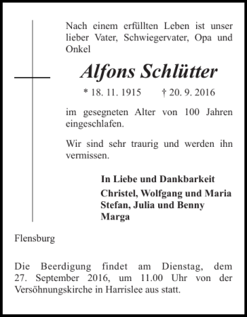 Traueranzeige von Alfons Schlütter von Flensburger Tageblatt