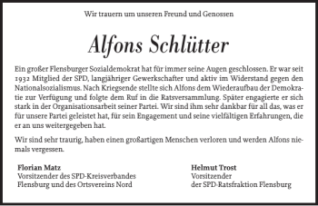 Traueranzeige von Alfons Schlütter von Flensburger Tageblatt