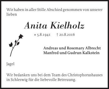 Traueranzeige von Anita Kielholz von Schleswiger Nachrichten