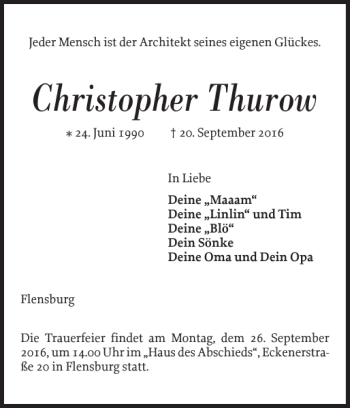 Traueranzeige von Christopher Thurow von Flensburger Tageblatt