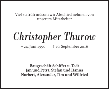 Traueranzeige von Christopher Thurow von Flensburger Tageblatt