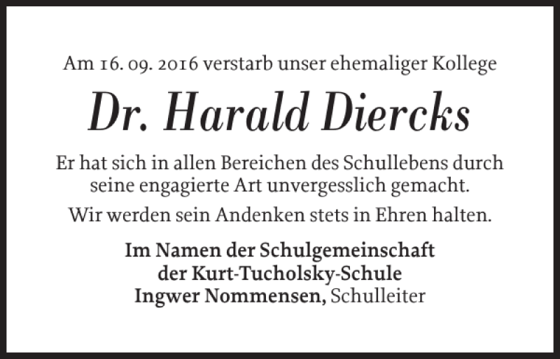  Traueranzeige für Dr. Harald Diercks vom 26.09.2016 aus Flensburger Tageblatt