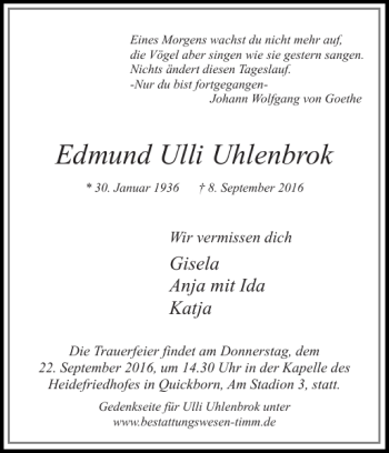 Traueranzeige von Edmund Ulli Uhlenbrok von Pinneberger Tageblatt