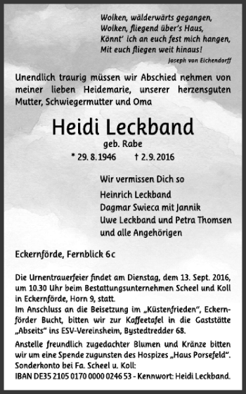 Traueranzeige von Heidi Leckband von Eckernförder Zeitung