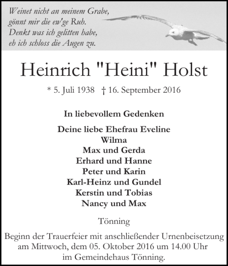  Traueranzeige für Heinrich (Heini) Holst vom 22.09.2016 aus Husumer Nachrichten