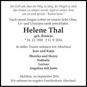 Traueranzeige von Helene Thal von Norddeutsche Rundschau