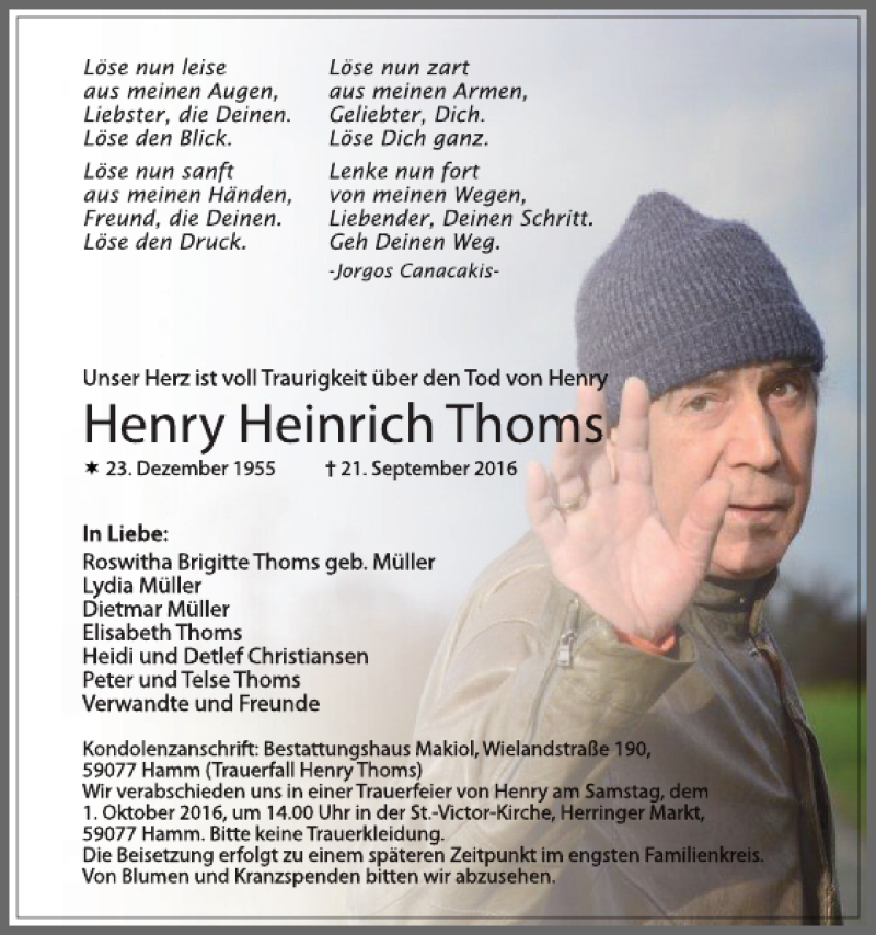  Traueranzeige für Henry Heinrich Thoms vom 27.09.2016 aus Eckernförder Zeitung