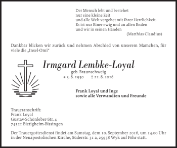 Traueranzeige von Irmgard Lembke-Loyal von Der Insel-Bote