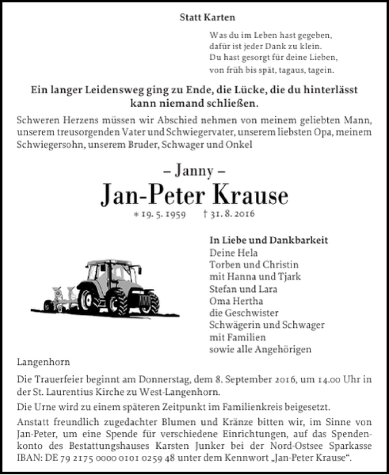  Traueranzeige für Jan-Peter Krause vom 03.09.2016 aus Husumer Nachrichten
