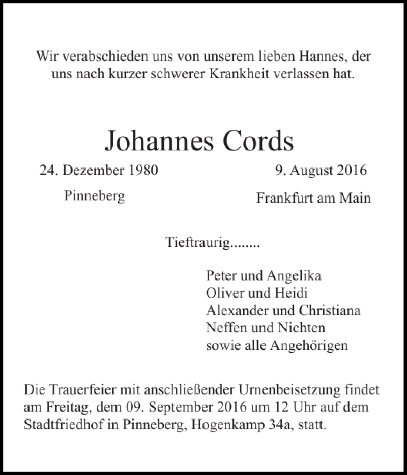  Traueranzeige für Johannes Cords vom 03.09.2016 aus Pinneberger Tageblatt