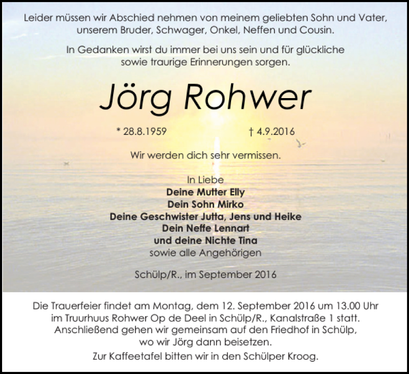  Traueranzeige für Jörg Rohwer vom 09.09.2016 aus Landeszeitung