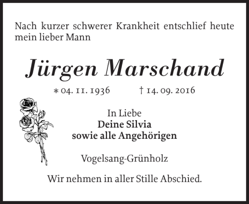  Traueranzeige für Jürgen Marschand vom 17.09.2016 aus Eckernförder Zeitung