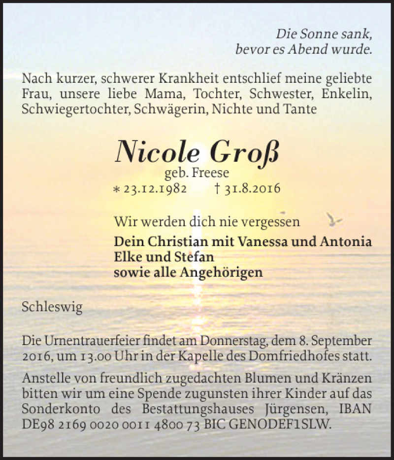  Traueranzeige für Nicole Groß vom 03.09.2016 aus Schleswiger Nachrichten