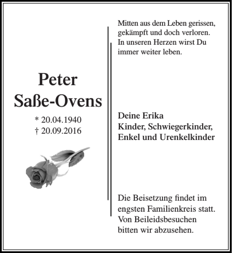  Traueranzeige für Peter Saße-Ovens vom 24.09.2016 aus Stormarner Tageblatt