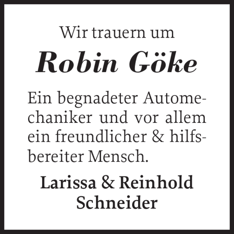  Traueranzeige für Robin Göke vom 17.09.2016 aus Holsteinischer Courier