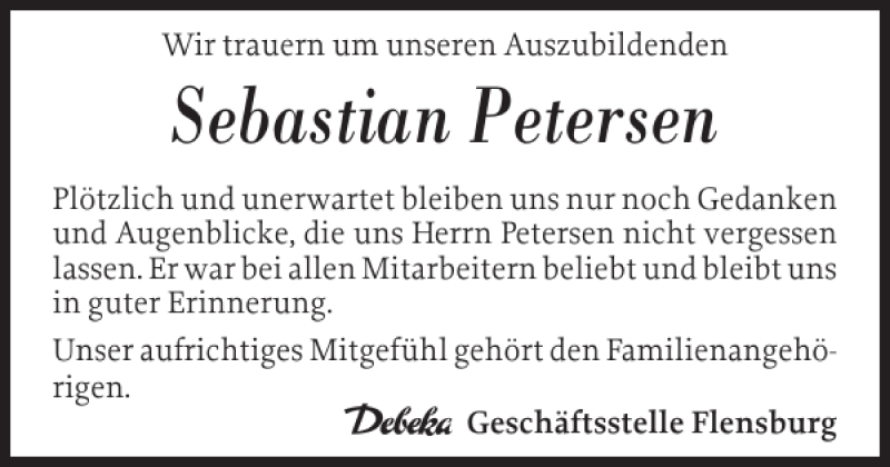  Traueranzeige für Sebastian Petersen vom 03.09.2016 aus Flensburger Tageblatt
