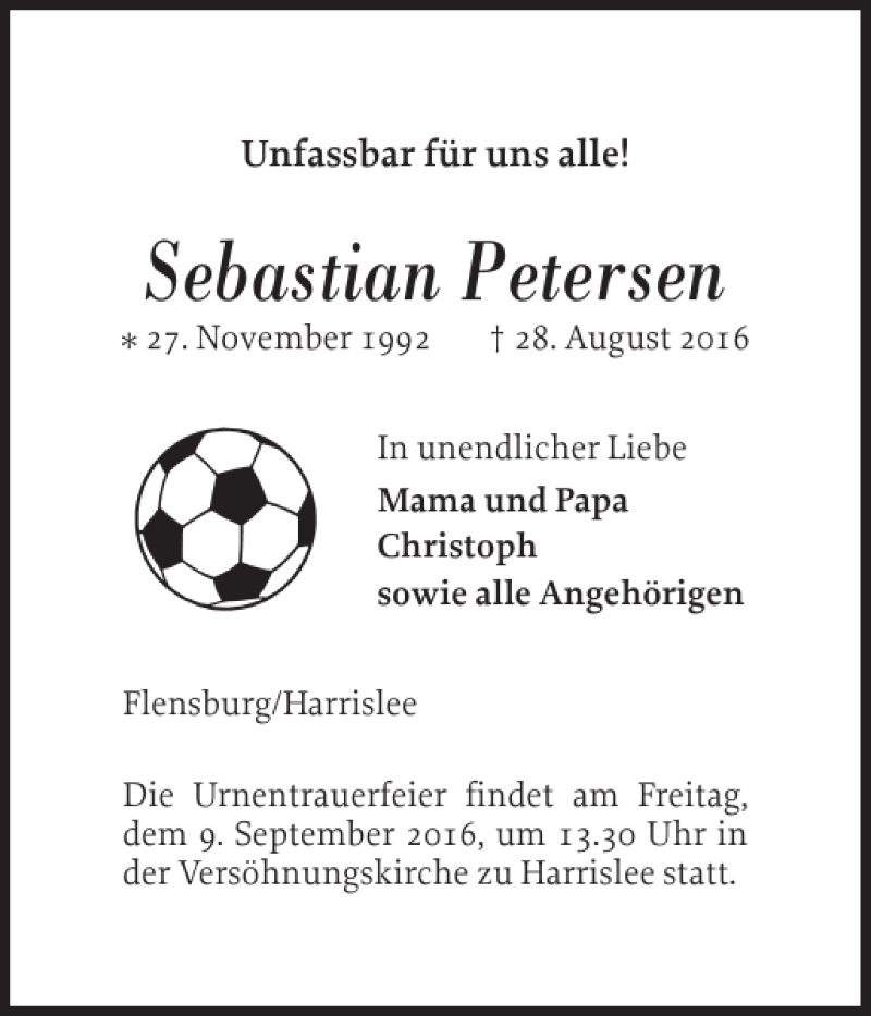  Traueranzeige für Sebastian Petersen vom 03.09.2016 aus Flensburger Tageblatt