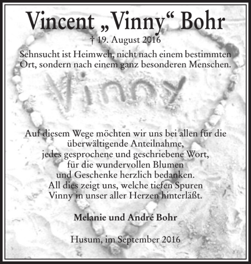  Traueranzeige für Vincent Bohr vom 28.09.2016 aus Husumer Nachrichten