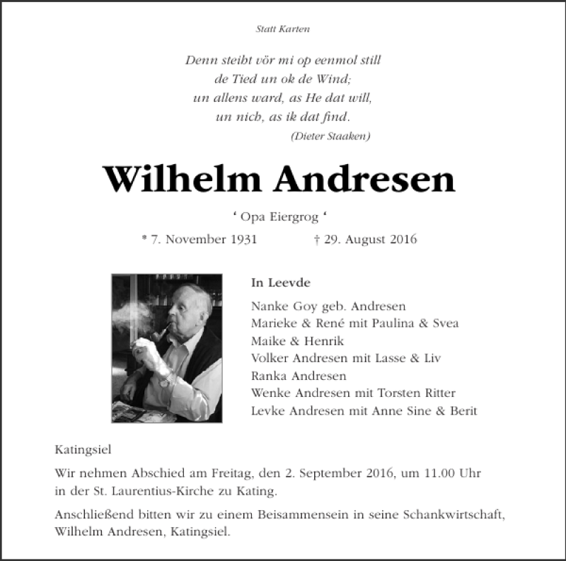 Traueranzeige für Wilhelm Andresen vom 01.09.2016 aus Husumer Nachrichten
