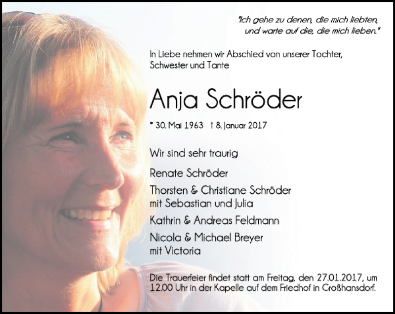  Traueranzeige für Anja Schröder vom 25.01.2017 aus Stormarner Tageblatt