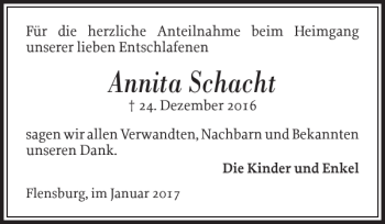 Traueranzeige von Annita Schacht von Flensburger Tageblatt