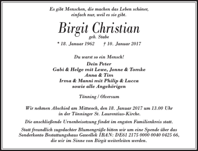  Traueranzeige für Birgit Christian vom 14.01.2017 aus Husumer Nachrichten