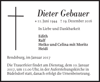 Traueranzeige von Dieter Gebauer von Landeszeitung