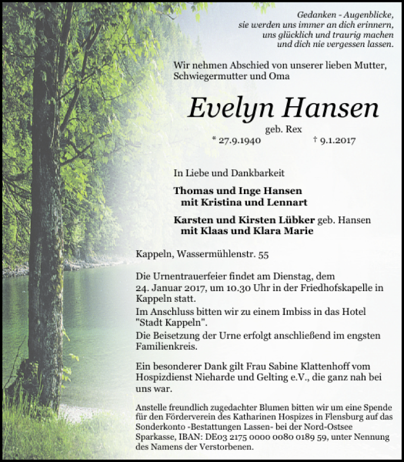  Traueranzeige für Evelyn Hansen vom 16.01.2017 aus Schlei-Bote
