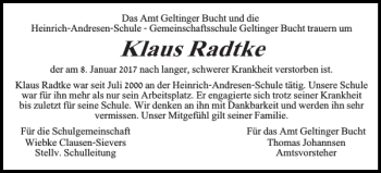 Traueranzeige von Für Amt Geltinger BuchtWiebke Clausen-Sievers von Flensburger Tageblatt