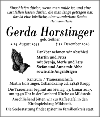 Traueranzeige von Gerda Horstinger von Husumer Nachrichten