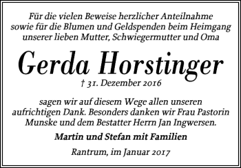 Traueranzeige von Gerda Horstinger von Husumer Nachrichten