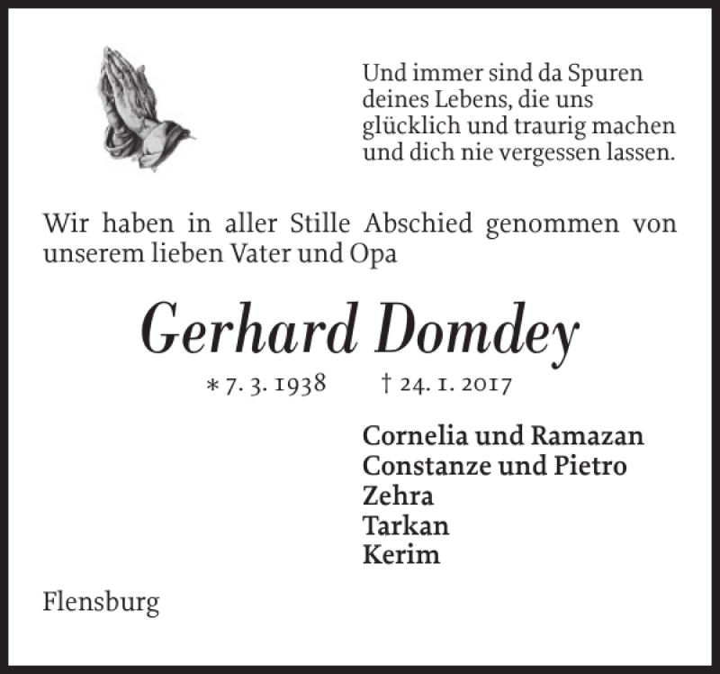  Traueranzeige für Gerhard Domdey vom 28.01.2017 aus Flensburger Tageblatt