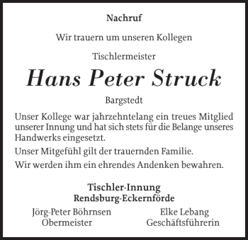 Traueranzeige von Hans Peter Struck von Landeszeitung