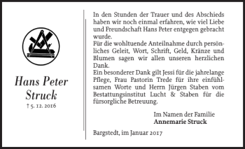 Traueranzeige von Hans Peter Struck von Landeszeitung