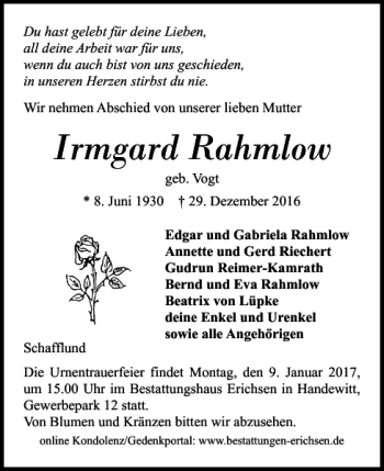 Traueranzeige von Irmgard Rahmlow von Flensburger Tageblatt