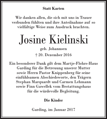 Traueranzeige von Josine Kielinski von Husumer Nachrichten